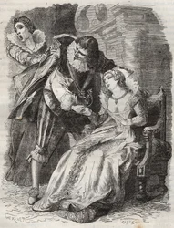Hopper som en rasende og griber hertugen i hans frakke... Dronning af Frankrig Anne af Østrig (1601-1666) og hertugen af Buckingham (George Villiers