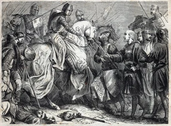 Kong Alfonso V den Storsindede (v. 1396-1458), konge af Aragon, erobrer kongeriget Napoli. Indgravering i "" Pavernes historie (...) Dronningekongens og kejsernes forbrydelser gennem århundrederne" af Maurice Lachatre