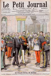 Kong Alfonso XIII af Spanien præsenterer sit hof for Frankrigs præsident Emile Loubet ved det kongelige palads i Madrid. Ved det kongelige palads i Madrid. Kongen af Spanien Alfonso XIII præsenterer hoffets dignitærer for præsidenten for republikken Loubet