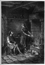 “ Kong Alfred den Store (849-899) glemmer kagerne tilberedt af det danske hus under hendes tag i Athelney og brænder dem, 878 (gravering)
