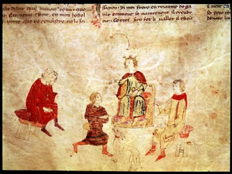 Kong Arthur på sin trone omgivet af sine rådgivere, fra Roman de Meliadus