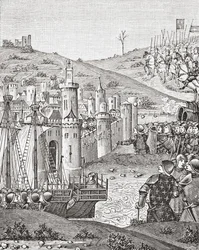 Kong Charles VII, efter at have forladt Rouen, drager ud for at belejre byen Harfleur, efter en miniature fra det 15. århundredes manuskript Chroniques de Monstrelet, fra Science and Literature in The Middle Ages af Paul Lacroix pub. London 1878