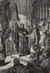 Kong Ludvig VII (1120-1180) tager oriflamen ved basilikaen Saint Denis (Saint Denis) i nærværelse af dronning Alienor af Aquitaine og modtager humlebien og pannetieren af pelerin fra hænderne på pave Eugene III (? -1153) før hans afgang