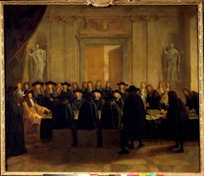 Kong Ludvig XIV (1638-1715) holdt seglerne i nærværelse af statsrådene og begæringsmesteren, mens han selv beklædte embedet som Frankrigs kansler mellem februar og april 1672 Anonymt maleri. 17. århundrede søn. 1,10 x 1,28 m