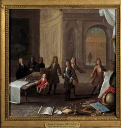 Kong Louis XV (1710-1774) barn, der modtager en lekon i nærværelse af kardinal Fleury og regent Philip II, hertug af Orleans (1674-1723) Anonymt maleri fra det 18. århundrede, olie på kobber Dim. 0,23 x 0,23 m Paris, Musee Carnavalet - Undervisningens scen
