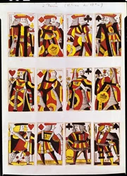 King, Queen og Jack spillekort (farvet trægravering)
