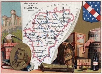 La Charente (16), Poitou-Charentes (Poitou Charentes), Frankrig. Portræt af Honore de Balzac (1799-1850), fransk forfatter. Lokal specialitet: brandy, safran, papir, ark, olie, brandy. Serie om de franske departementer. Chromolithography (Chromo) "" den ge