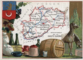 Haute-Saone (Haute Saone, 70), Franche Comte (Franche-Comte), Frankrig. Mel, Luxeuil Minerales, kirschwasser (kirsch). Serie om de franske departementer. Chromolithography (Chromo) "" den geografiske tråd"", ca. 1920. Privat samling.
