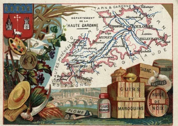 La Haute Garonne (Haute-Garonne, 31), Midi-Pyrénées (Midi Pyrenæerne), Frankrig. Lokal specialitet: bly, appelsinblomster, pasta, læder- og lædervarer, tobak, valnøddeolie, tjære og trøfler. Serie om de franske departementer. Kromolitografi (Chromo) "" t