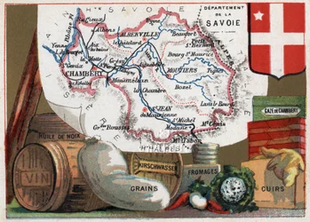 La Savoie (73), Rhone Alpes (Rhône-Alpes), Frankrig. Serie om de franske departementer. Lokal specialitet: valnøddeolie, vin, korn, kirschwasser (kirsch), ost, kammergaze og læder. Chromolithography (Chromo) "" den geografiske tråd"", omkring 1920. P