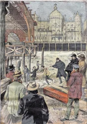 La Seine gelee, nær jernbroen bygget til den universelle udstilling, ved siden af Pont des Invalides, vinter 1899. Indgravering i "" Le Pelerin"" 31/12/1899.