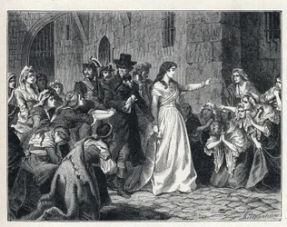 La Terreur under den franske revolution: Madame Jeanne Marie Roland de la Platiere (1754-1793) forlader concierge-fængslet for at gå for den revolutionære domstol i 1793. Hans codetenues knæler på hans vej.