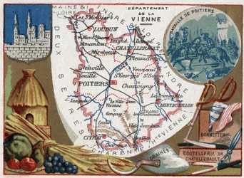 La Vienne (86), Poitou-Charentes (Poitou Charentes), Frankrig. Frø, Chatellerault bestik og strømper. Serie om de franske departementer. Chromolithography (Chromo) "" den geografiske tråd"", ca. 1920. Privat samling.