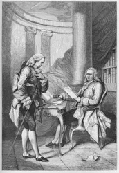 La demission de Turgot 1776 - Ludvig XVI (1754-1793), konge af Frankrig, og Anne Robert Jacques Turgot (1727-1781) - Turgots afskedigelse - gravering fra "" L