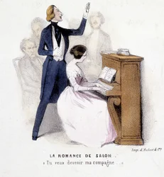 The Salon Romance: Mand synger akkompagnement ved klaveret af en kvinde, af Lonsay, ca. 1845.