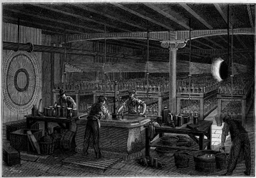Batterirummet (overflade 400 kvadratmeter) på telegrafernes hovedkontor i Paris. i naturen. Gennemgang af videnskab og dens anvendelser til kunst og industri. 1884.