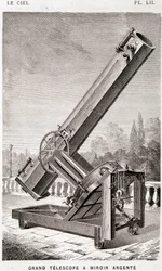 Stort sølvspejlteleskop (Léon Foucault-systemet), ækvatorialt monteret til Marseille-observatoriet - i "" Le Ciel" af Amédée Guillemin, Hachette, Paris