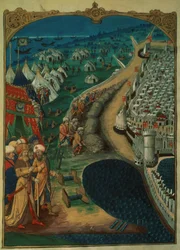 Lat 6067 f.50v Hovedrådgiveren for Mohammed II, muligvis Miseh Paleologue, der leder de tyrkiske operationer, c.1480, fra A History of the Siege of Rhodes, af Guillaume Caoursin, 1483