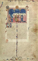 Lat 9187 f.1 Forfatteren præsenterer bogen, fra Coutumes de Toulouse, 1296