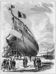 Lancering af panserskibet "" La Galissonniere"", 7. maj 1872 i havnen i Brest, Finistere (29). Indgravering i "" Le Monde Illustré"" nr. 789 af 25. maj 1872.