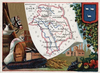 Le Cher (18), Centret, Frankrig. Serie om de franske departementer. Øl, byg, læder, vin og knive. Chromolithography (Chromo) "" den geografiske tråd"", ca. 1920. Privat samling.