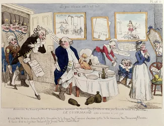 Le Gourmand, karikatur af Ludvig 16. (1754-93) og den franske kongefamilie i det øjeblik, de arresteres i Varennes den 21. juni 1791