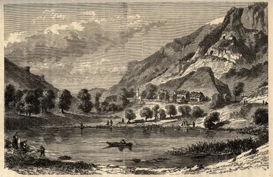 Le Lauzet-Ubaye - Le lac du Lauzet - kommune i departementet Alpes-de-Haute-Provence i det sydøstlige Frankrig - indgravering i "" PATRIE"" - PECTUREQUIREQUE BESKRIVELSE AF FRANKRIG I 6 BIND AF LUCIEN HUARD - slutningen af ​​1800-tallet