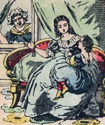 Le Pere Fouettard, fransk karakter for den piskede far, legendarisk folklorefigur, der straffer de frække børn: hans kone, La Mere Fouettard, den piskede mor, der ikke irettesætter de kloge børn - Epinalt billede