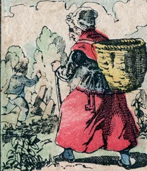 Le Pere Fouettard, fransk karakter for den piskede far, legendarisk folklorefigur, der straffer de frække børn: hans kone, La Mere Fouettard, den piskede mor, der forfølger børnene, der springer skolen - Epinalt billede
