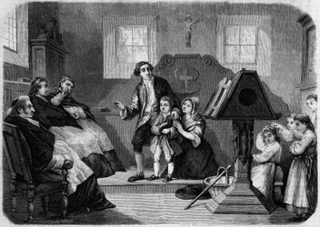 Le Salon de 1857 - Første debut af Lesueur, komponist af musik, af Laurent Detouche. Jean Francois Lesueur (1760-1837), es en kordreng. Indgravering i "" Le Monde Illustré"" nr. 22 af 12. september 1857.