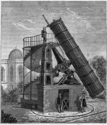 Paris-observatoriets store teleskop i det 19. århundrede - Indgravering i "" Sciences à la potee de tous - physics et chimie populaires"" af Alexis Clerc - Slutningen af ​​det 19. århundrede. Privat samling.