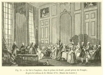 Engelsk te, med Prince de Conti, Templets Grand Prior; efter maleriet af B Olivier 1770, Louvre-museet