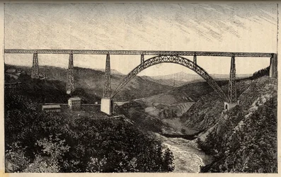 Garabit-viadukten - Cantal - Auvergne-Rhône-Alpes - indgravering i "" PATRIE" - PACUREQUIREQUE BESKRIVELSE AF FRANKRIG I 6 BIND AF LUCIEN HUARD - slutningen af ​​1800-tallet
