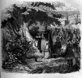 Legenden om Karl den Store og slangen: kejseren foran slangens rede besat af en tudse. Stik fra 1852.