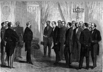 Kejser Napoleon III modtager i Tuilerierne den mexicanske delegation, der er ansvarlig for at tilbyde Mexicos krone til Prins Maximilian (Maximilian 1. af Mexico). Paris