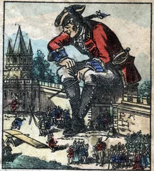 Lemuel Gulliver, der sidder på byens befæstningsmur, forklarer strategien for den lilliputske hær. Illustration til "" Gulliver