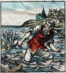 Lemuel Gullliver affyrede skibene fra Blefuscu-hæren til hovedstadshavnen Lilliput. Illustration til "" Gulliver