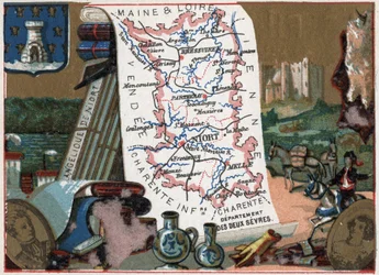 Les Deux Sevres (Deux-Sevres, 79), Poitou Charente (Poitou-Charente), Frankrig. Niorts engle. Serie om de franske departementer. Chromolithography (Chromo) "" den geografiske tråd"", ca. 1920. Privat samling.