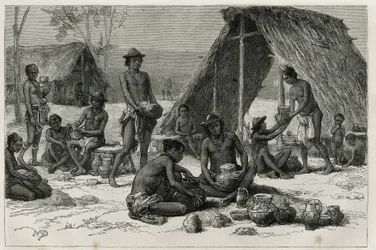 Les Indiens Galibis (eller Kalinas) fremstiller keramik, gravering af D.Maillart, for at illustrere udforskningsrejsen i det indre af Guyana af Dr. Jules Crevaux, læge ved den franske flåde, i 1876-1877, offentliggjort i tour du monde , under ledelse o