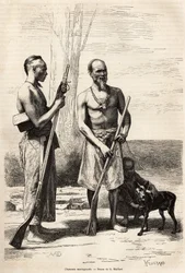 Bjergjægerne på Formosa Island, graverer efter en tegning af D. Maillard, der illustrerer rejsen til Kina, af J. Thompson, i 1870-1872, udgivet i "" Le tour du monde""" 1875, redigeret af Edouard Charton, Hachette udgave, Paris. Selva Collecti