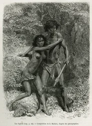 Les fugitives aborigenes, stik efter en tegning af D.Maillart, til at illustrere historien seks måneder i Australien, af Desire Charnay, en missionsopgave fra Ministeriet for Offentlig Uddannelse, i 1878, udgivet i tour du monde, under ledelse af