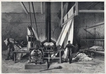 De store fabrikker - Farvning erie Boutarel i Clichy la Garenne - Le mesh des Etoffes - gravering fra 1869