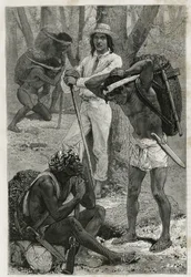 Les porters (caucheros), i Darien (region i det østlige Panama), gravering efter en tegning af D. Maillart, for at illustrere historien Exploration at the isthms of Panama and Darien, af A. Reclus, skibsløjtnant, fra 1876 til 1878 , offentliggjort i tour d