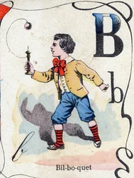 Bogstav B Bilboquet. Indgravering i "ABC des joux pour petits boys". Billeddannelse af Pont-a-Mousson, Louis Vagne, trykkeri-udgiver, slutningen af det 19. århundrede. Mål: 32,5x25 cm