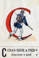 Bogstav C som fodjæger. Militært alfabet (ABC eller abecedary). Billeddannelse af Epinal, omkring 1870-1880). Stencilfarvede træsnit. Privat samling