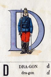 Bogstav D som drage. Militært alfabet (ABC eller abecedary). Billeddannelse af Epinal, omkring 1870-1880). Stencilfarvede træsnit. Privat samling