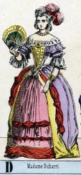 Bogstav D som fru Dubarri. Portræt af Jeanne Becu, dit de Cantigny, grevinde du Barry (1743-1793) favorit af Louis XV, konge af Frankrig. Abecedariet fra Teatermuseet. Billeddannelse af Epinal, ca. 1830. Mål: 37,7x47,5cm. Graveringer på træ, stencileret me