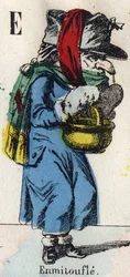 Bogstav E: Indpakning (Wrap af pelse og stoffer for at holde varmen). Indgravering i "" Comic Alphabet "". Ny Epinal billedbehandling. Litografi Pinot et Sagaire, redaktører, mellem 1860 og 1888. Tavle nr. 491 med 25 lysende bogstaver. Mål: 40,5 x 28 cm. P