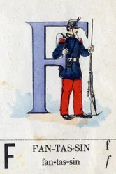 Bogstav F som infanterist. Militært alfabet. Billeddannelse af Epinal, omkring 1870-1880. Stencilfarvede træsnit