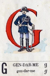 Bogstav G som konstabel. Militært alfabet. Billeddannelse af Epinal, omkring 1870-1880. Stencilfarvede træsnit